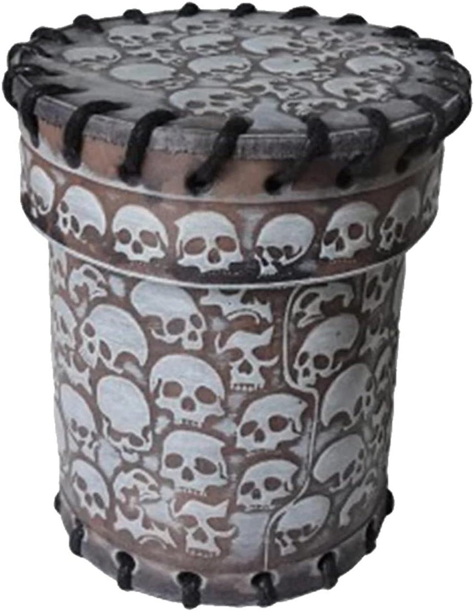 Dobbelbeker Leer - Dobbelstenen Beker - Rollenspel Spel - Met Schedelmotief - 8.5 cm Hoog - Grijs