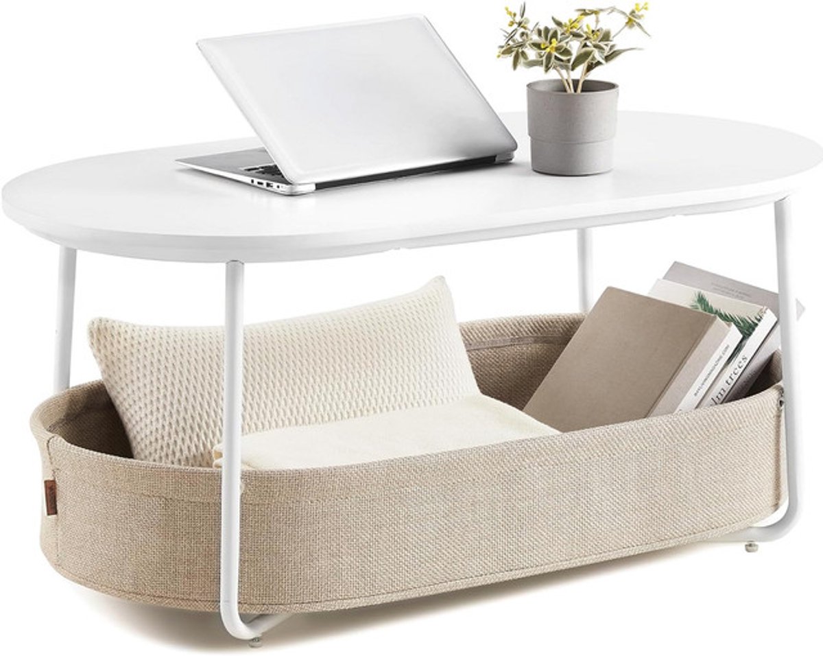 Sierra, Salontafel ovaal, tafel met opbergruimte, bijzettafel, woonkamertafel met mand van stof, modern, metalen frame, matwit-camelbruin LCT222W10