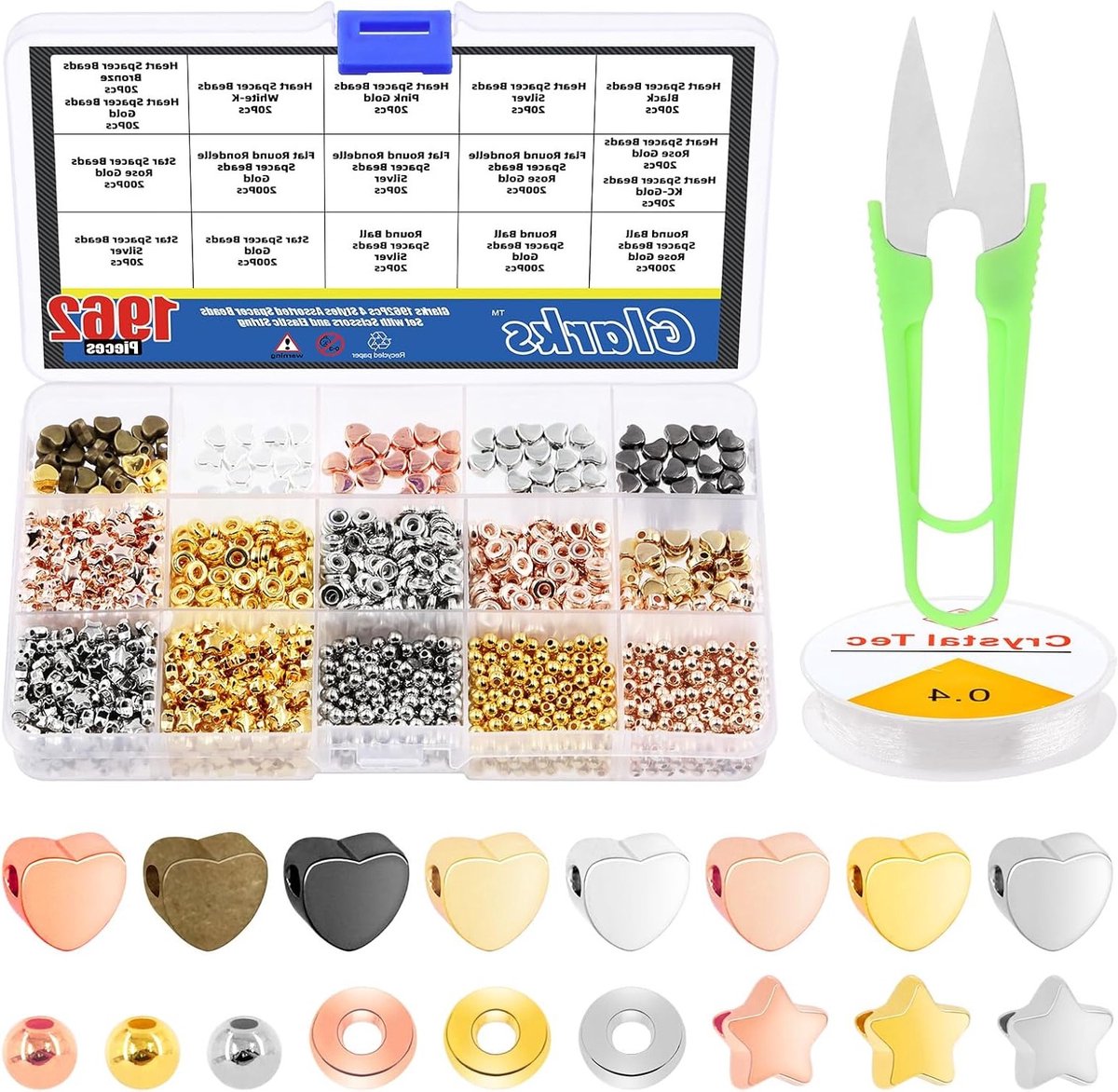 Assortiment van 1962 Stuks Spacer Kralen Set met Hart, Ster, Bal en Platte Kralen voor DIY Armbanden en Sieraden Maken met Schaar en Elastisch Touw