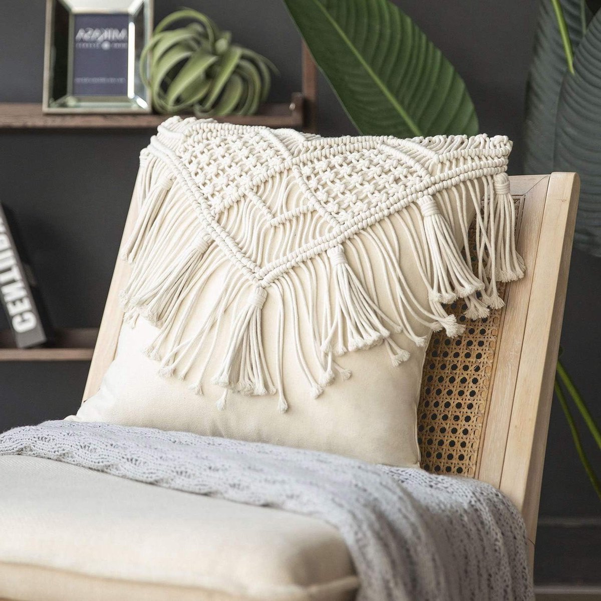 Katoenen Haak Kussen - Boho Sierkussen - Woonkamer Decoratie - Handgemaakt Ontwerp - 45 x 45 cm - Off White
