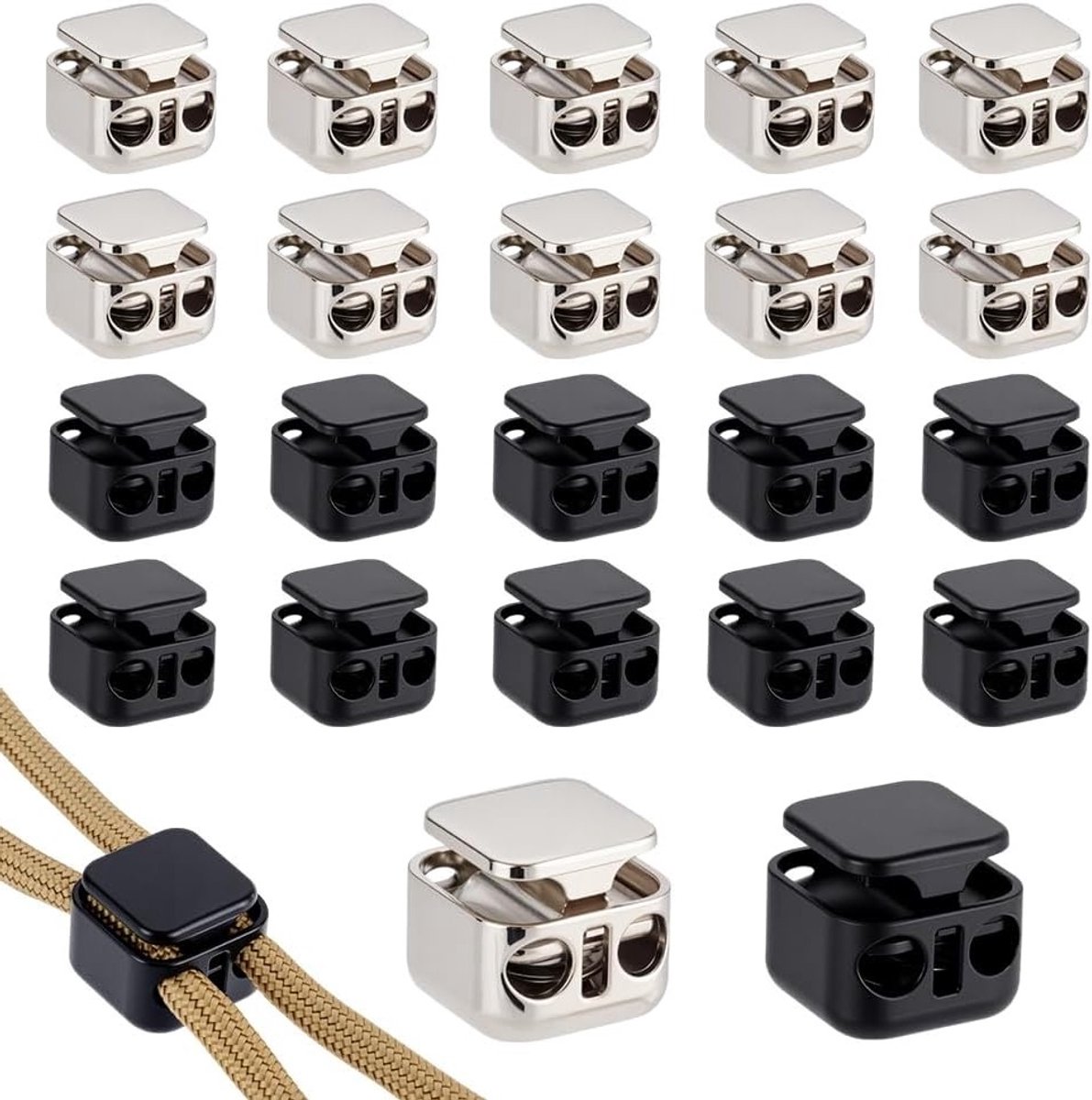 24 Stuks Zware Kordelvergrendelingen in 2 Kleuren - Dubbel Gat Trekkoord Stopper voor Tassen, Schoenveters en Rugzakken, 15mm Metaal Veerklem