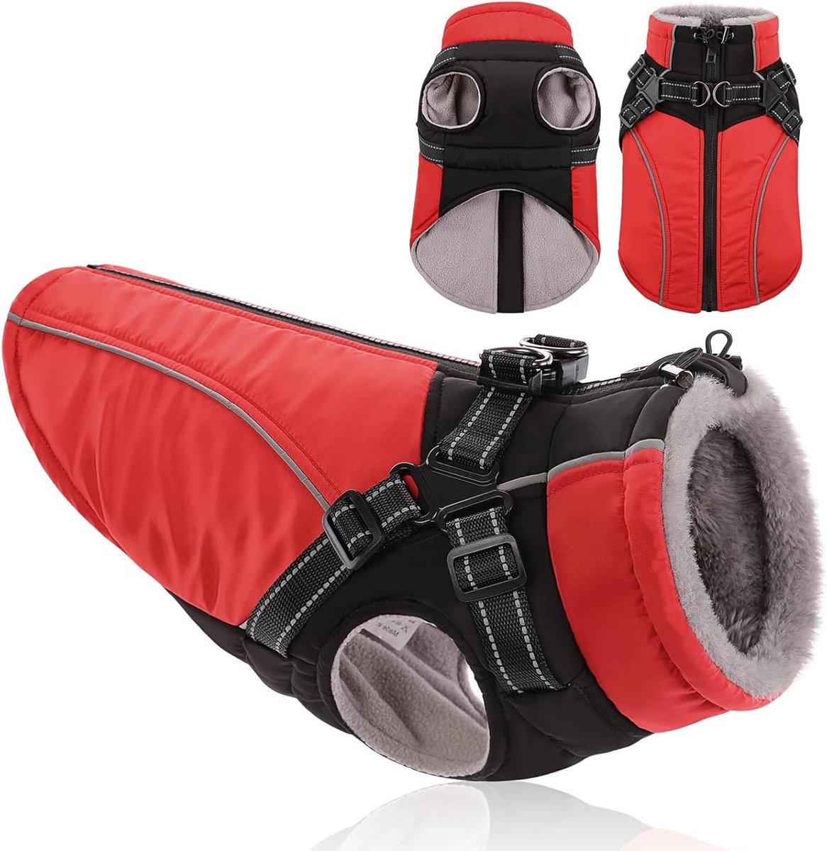 Hondenjas Waterdicht - Hondenjas met Harnas - Hond Uitlaten - Hondenjas met Geïntegreerd Harnas - XXX-Large - Rood