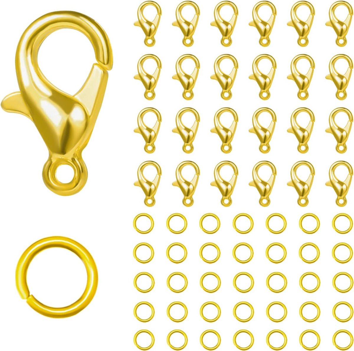 50 Stuks Lobster Sluiting en 120 Stuks Open Ring Sluiting voor Sieraden Maken, Goudkleurige Kralen en Ketting Sluitingen