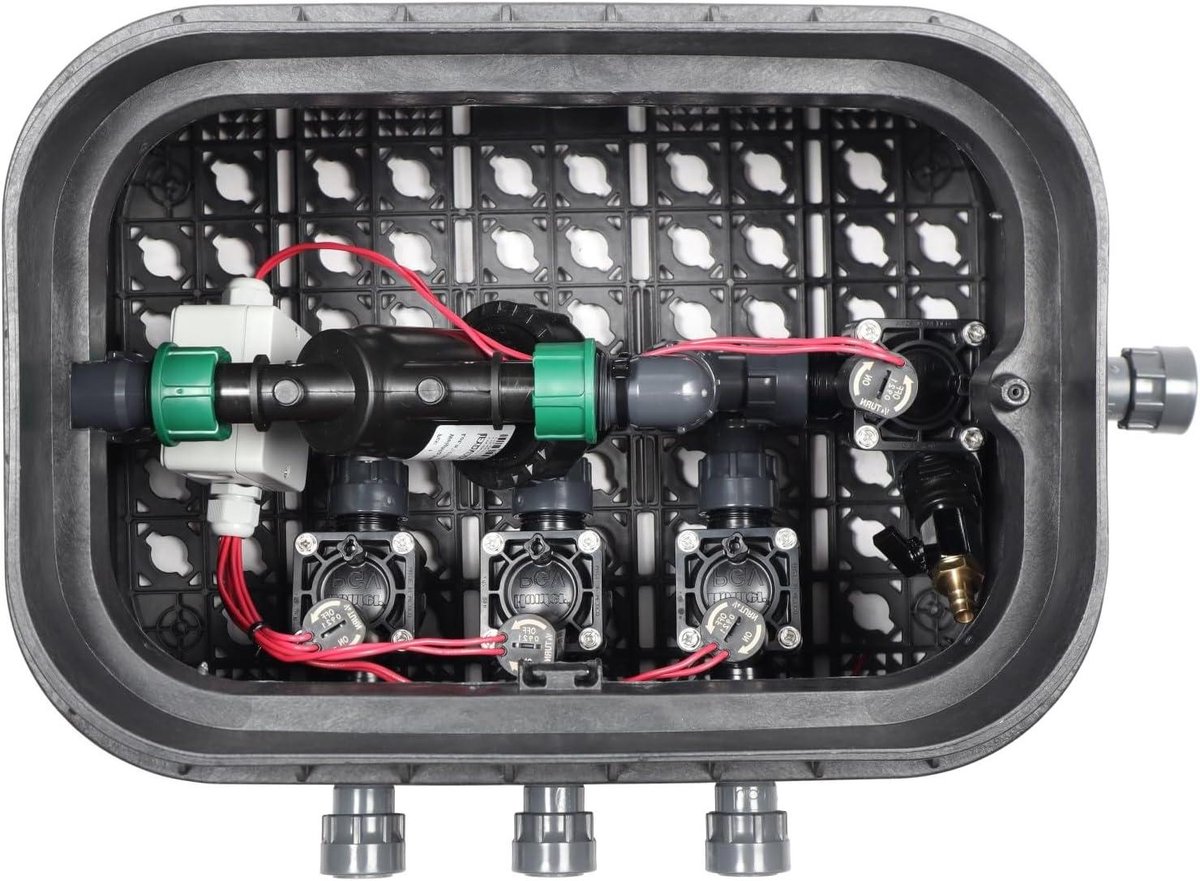 Irrigatieverdeler met ventielbox - Verdeler tuinslang - Automatisch bewateren - Compleet met aansluitmateriaal - 3 stations - Grijs