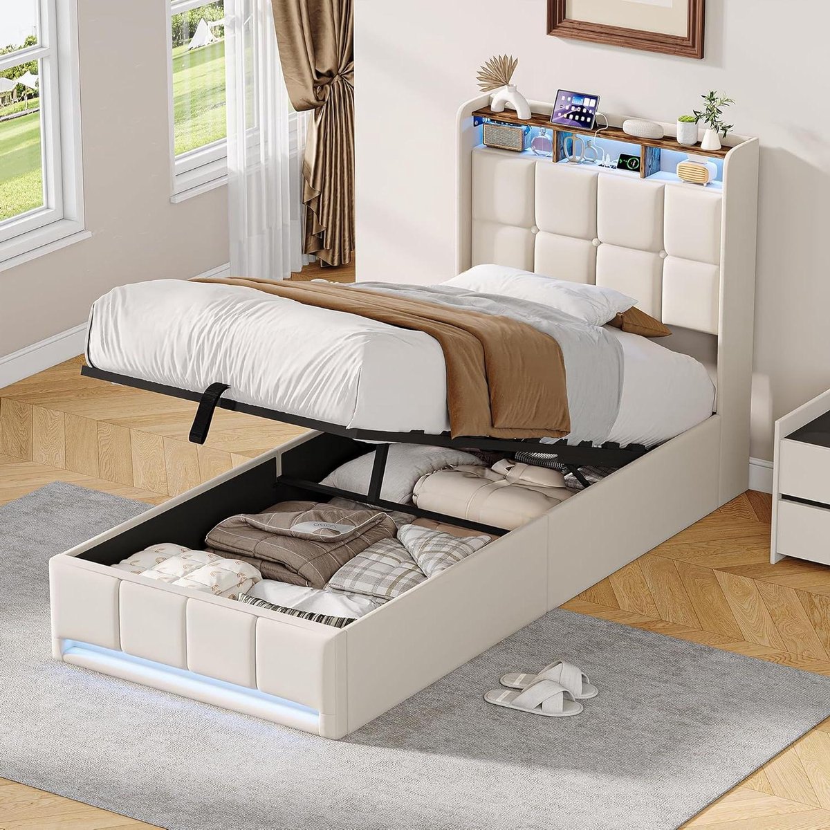Gecapitonneerd Bed - Gestoffeerd Bed Eenpersoons - Slaapkamer Opbergen - Met USB LED Verlichting - 90 x 200 cm - Beige