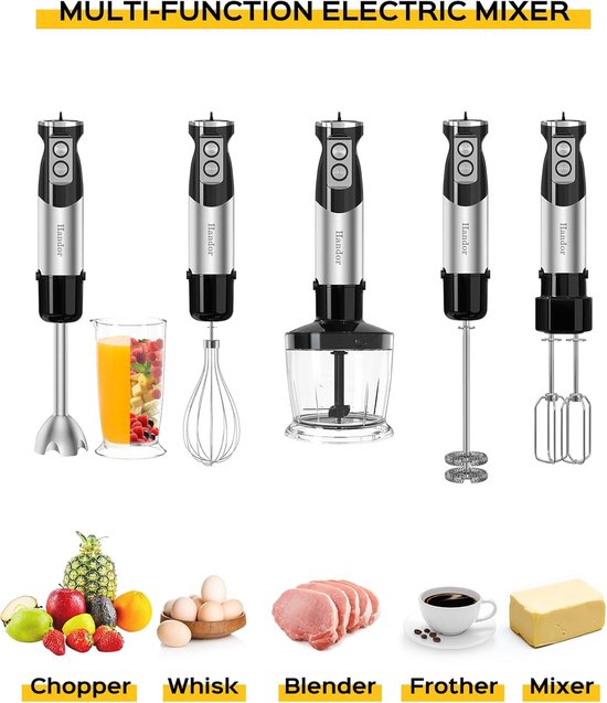 Handmixer 6-in-1 - Staafmixer Keukenmachine - Eten Bereiden - 1000W Krachtige Motor - 600 ml Beker - Zilver — afbeelding 2