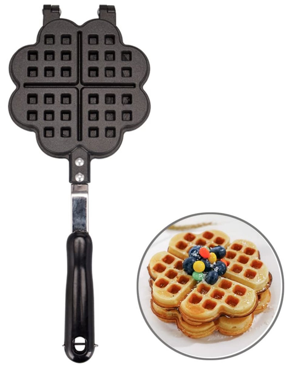 longziming -Hartvormige Wafelpan - Gietaluminium Bakpan - Optimale Warmteverdeling - Anti-aanbaklaag - Levensmiddelenveilig Gietaluminium - Compact Ontwerp - Veilige Handgreep - 4 Hartvormige Wafels - 1 Stuk