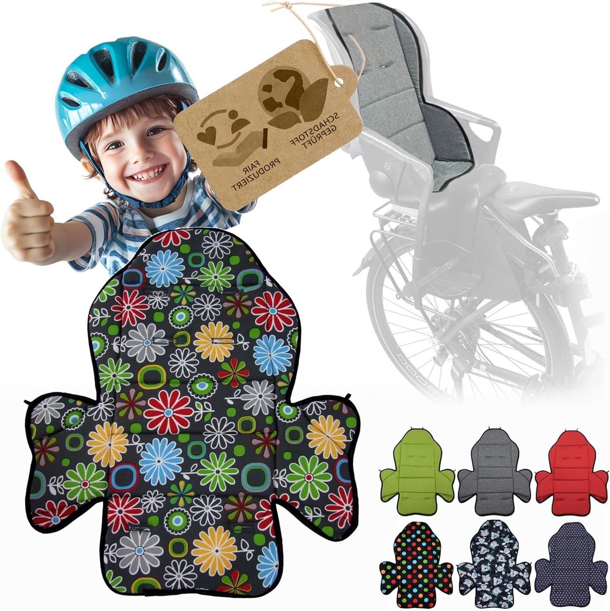 Vervangende Fietsstoel Bekleding - Zitkussen Fietsstoel - Fietsen met Kinderen - Waterafstotend Materiaal - Universeel - Grijs Bloemen