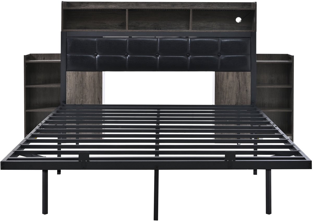 Merax Tweepersoons Bed 140x190 cm - Gestoffeerd Bed met LED Verlichting met Afstandsbediening - USB en Type-C - Metalen Bedframe - 2 Uitschuifbare Nachtkastjes - Grijs