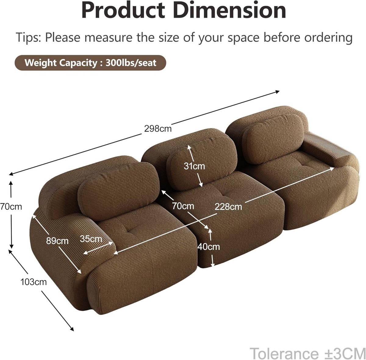Modulaire slaapbank 3-zits – Arqam CloudFlex Corduroy Sofa – Bruin – Zonder montage – Luxe cloud bank woonkamer – Combineerbare modulaire bank – 600 kg draagvermogen – Moderne design slaapbank