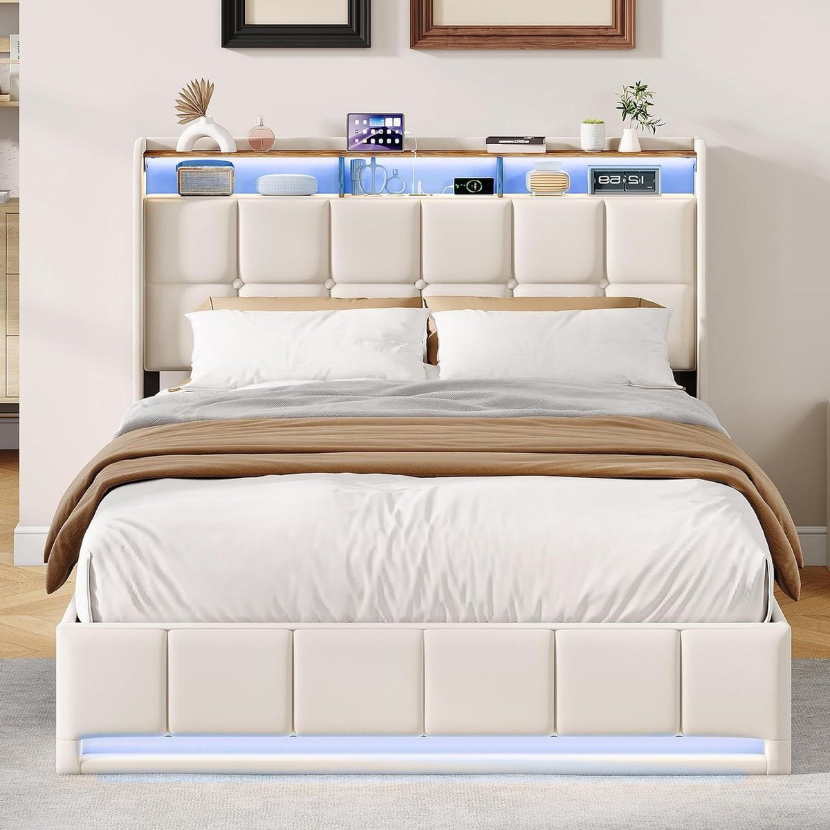 Opbergbed - Gestoffeerd bed - Ruimte besparen - Met ledverlichting - 140x190 cm - Beige