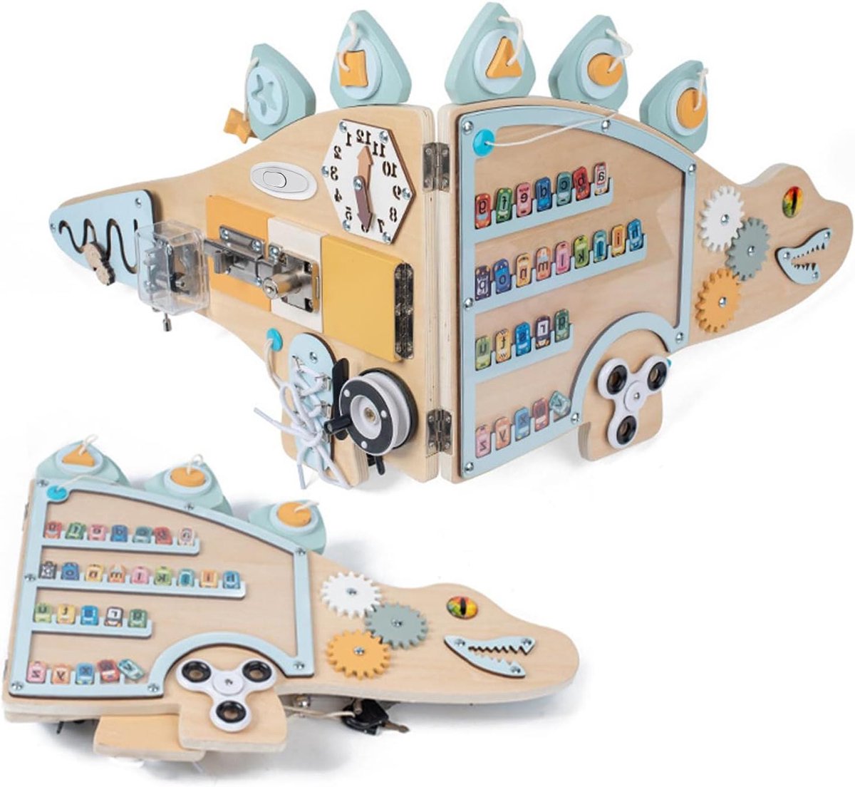 Sensorisch Speelbord - Activiteitenpaneel - Motorische Ontwikkeling - Dinosaurus Thema - 48x30 cm - Natuurlijk Hout