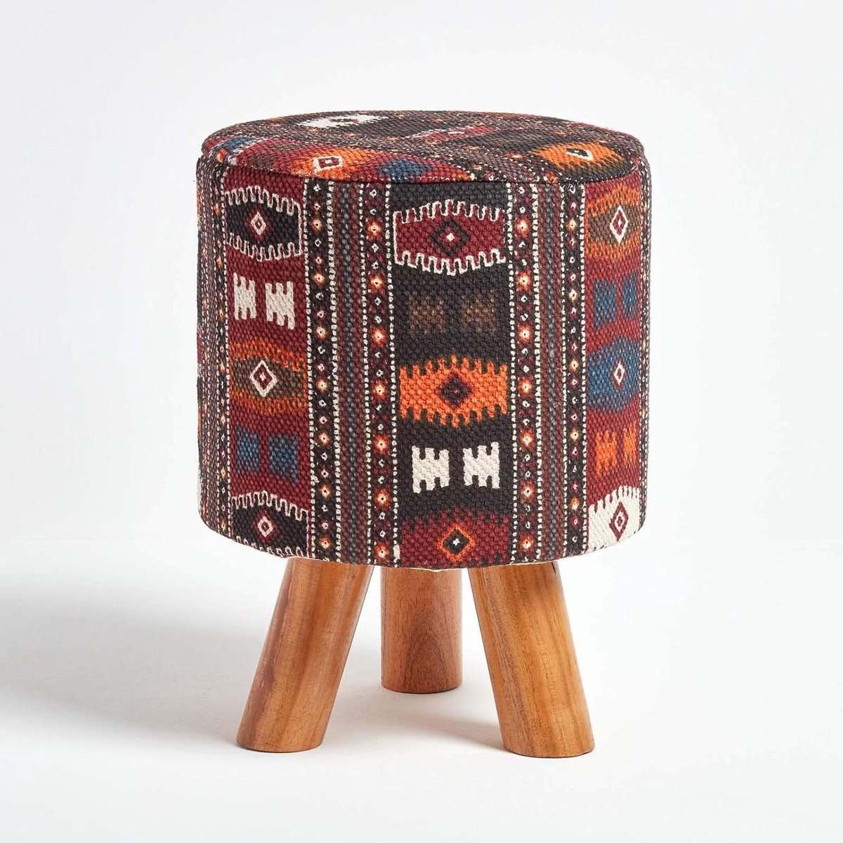 Voetbank Rond - Poef Decoratief - Ontspanning Zitten - Handgeweven Katoen - 32 x 32 x 42 cm - Veelkleurig