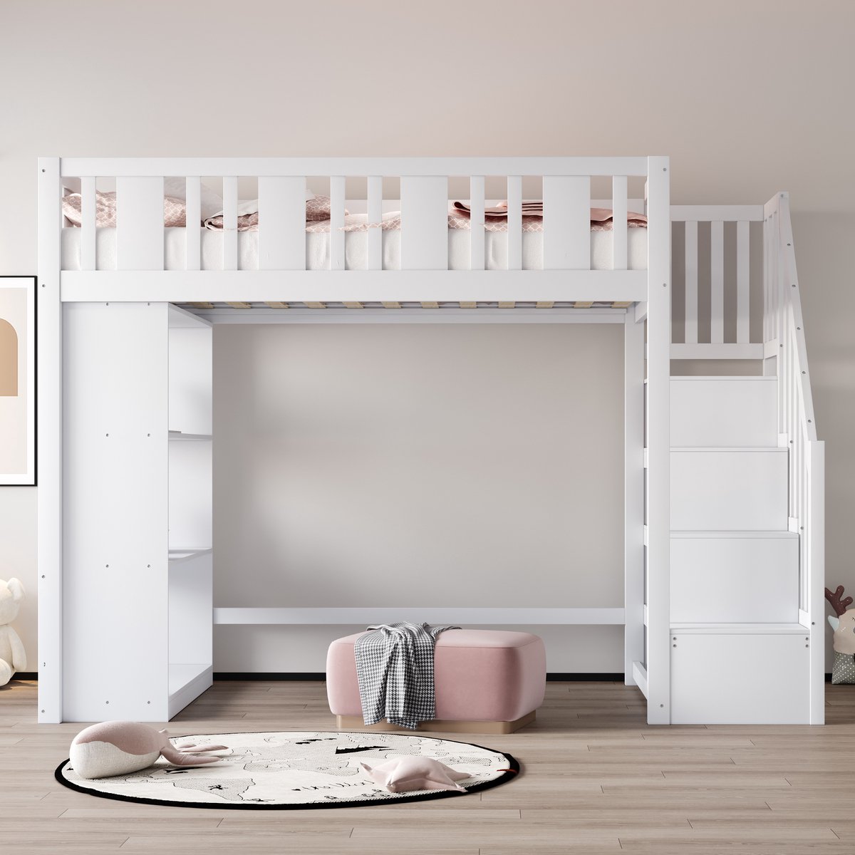 VVBV Hoogslaper 90x200 / Hoogslaper met trap / Kinder hoogslaper – met Opbergruimte, Veiligheidshek, Ladder – Tienerbed – Wit – Tienerbed 90x200