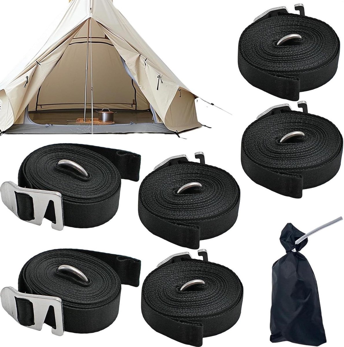 Markies Trekband Vervanging - Zonnedak Bevestiging - Outdoor Kamperen - Scheurvast Materiaal - 6 Stuks - Zwart