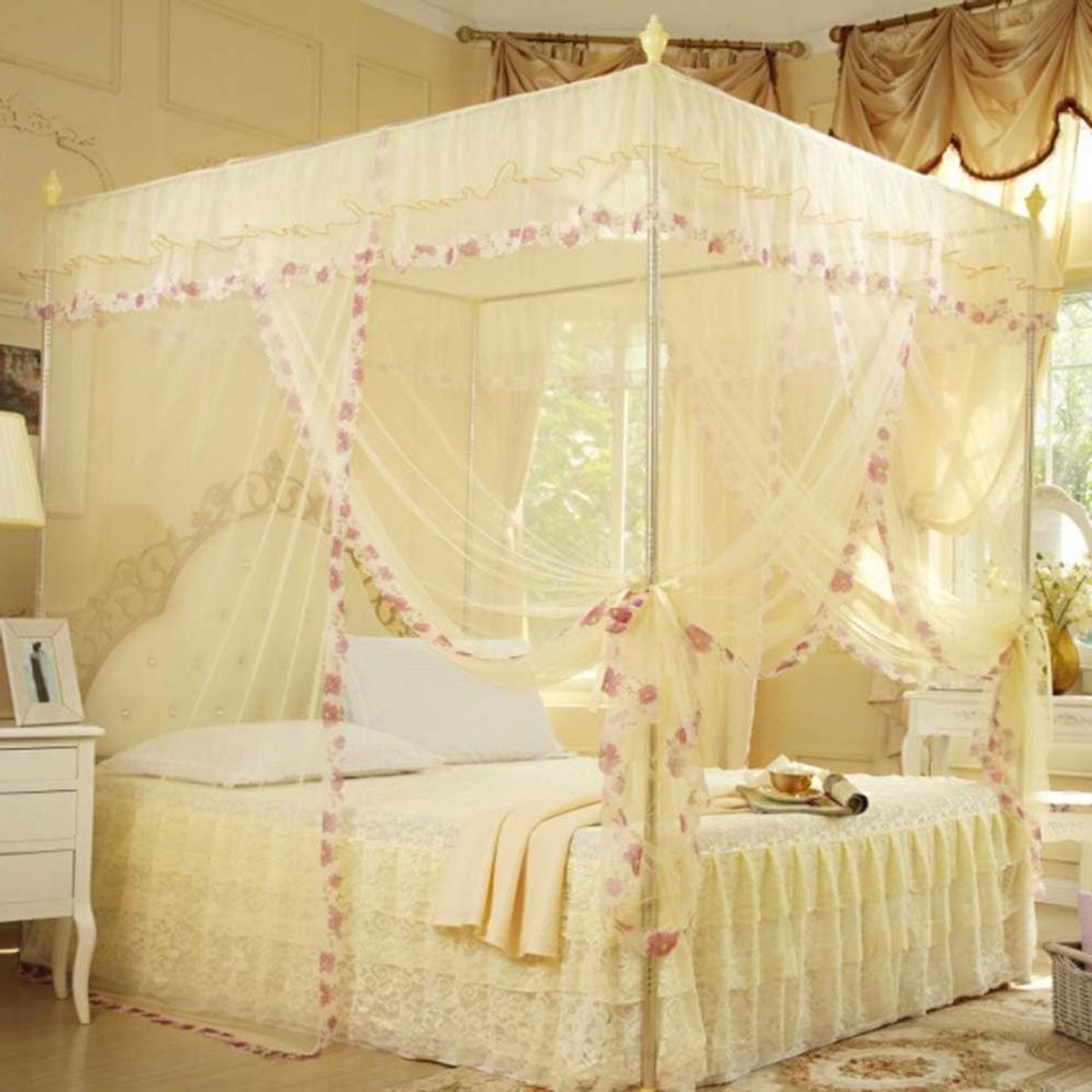 Bedhemel Klamboe - Bedgordijn Muggennet - Slaapkamer Decoratie - Drie Zijopeningen - 120x200x200 cm - Beige
