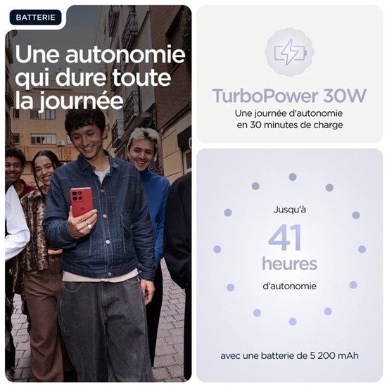 Batterij: TurboPower 30W, tot 41 uur autonomie met 5200 mAh batterij.