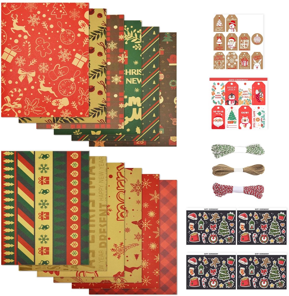 12 vellen kraftpapier cadeaupapier 70 x 50 cm - Kerstpapierset met hangers en stickers - Geschenkverpakking voor feestjes met papieren touwen