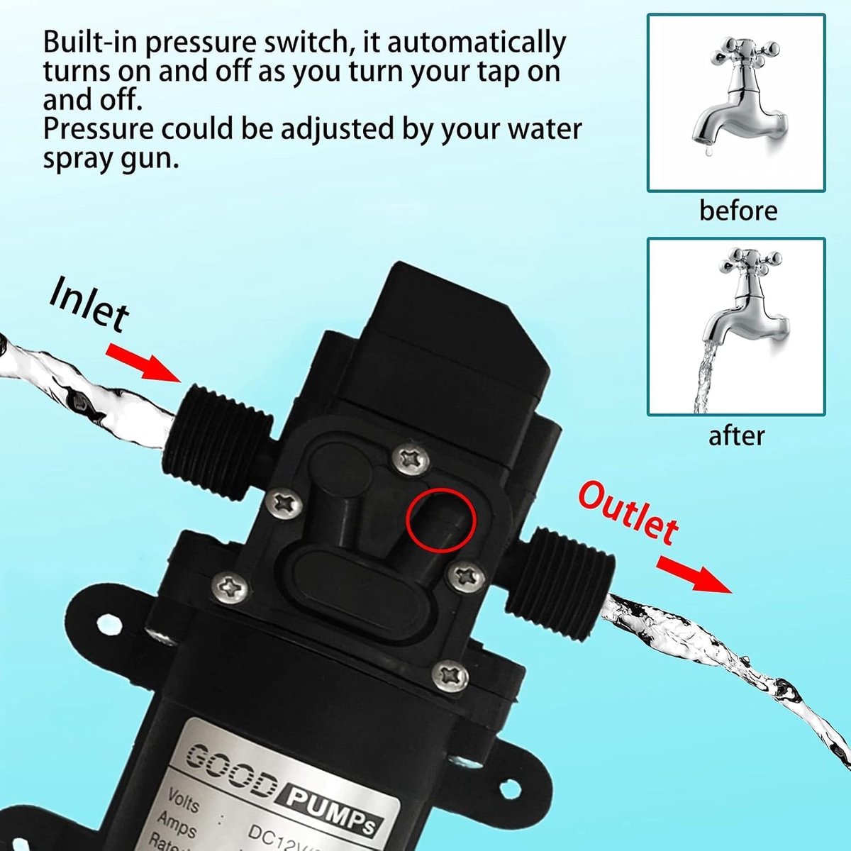Allecto Plus - Zelfaanzuigende Waterpomp 12V 70W voor caravan en camper - 6L/min 0.9MPA - Elektrische sproeierpomp - Marine boot tuin - Hogedrukmembraan - Membranpomp thumbnail 6