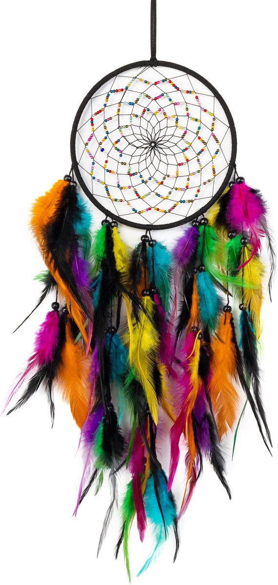 KIMU® Dromenvanger Regenboog Zwart - Dreamcatcher Veren Macramé - Bohemian Ibiza Kinderen Boho Babykamer Buiten Kado Meisjeskamer Veertjes Festival