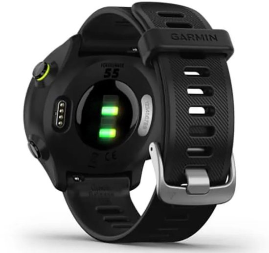 Achterkant van een zwart Garmin Forerunner 55 sporthorloge met sensoren en een gesp.