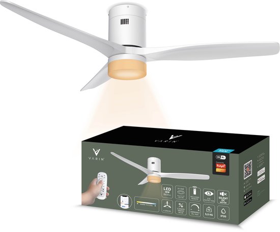 Varin Smart LED Plafondventilator Ø132cm, 18W 1800lm, 6 snelheden, stil 20dB, Wifi, afstandsbediening