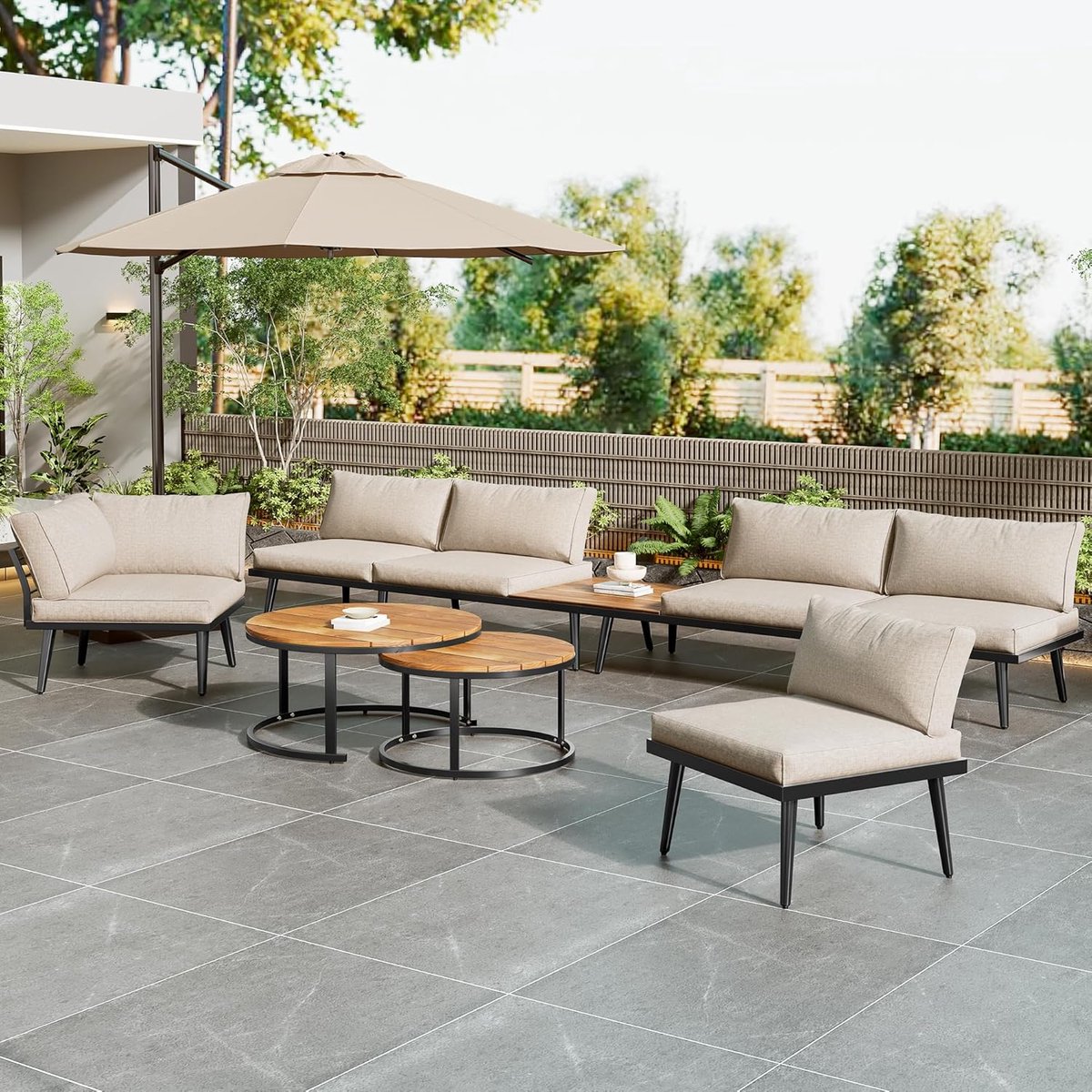 Tuinloungeset 6-delig 160x64x75 cm voor 5-6 Personen – 2x 2-Zitsbank, 2x Fauteuil, 2x Salontafel met Acaciahout & Dikke Kussens – Modern Beige Loungeset Buiten Tuin Balkon – HomebyNicole