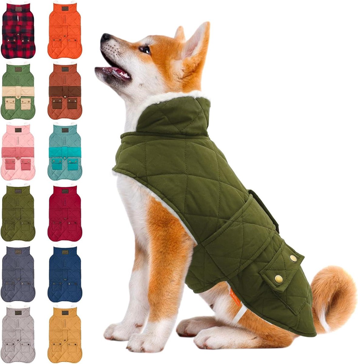 Hondenjas Winter - Hondenvest Warm - Buiten Wandelen - Fleece Gevoerd - Rug 25.4cm - Donkergroen