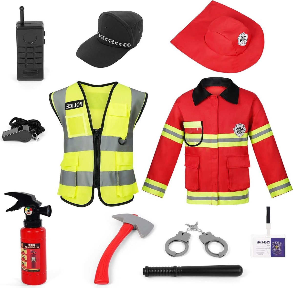 Kinder Brandweerman Kostuum, 11 Delen, Politie Accessoires, Rollenspel voor Kinderen, Halloween Kostuums, Speelgoed voor Creatieve Spelletjes