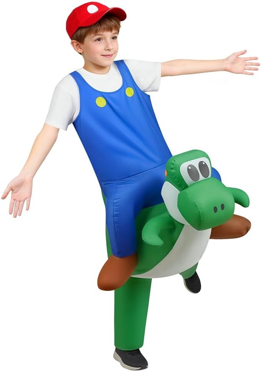 Opblaasbaar dinosauruskostuum voor kinderen, ideaal voor Halloween, carnaval en verkleedpartijen met accessoires zoals hoed en ventilator