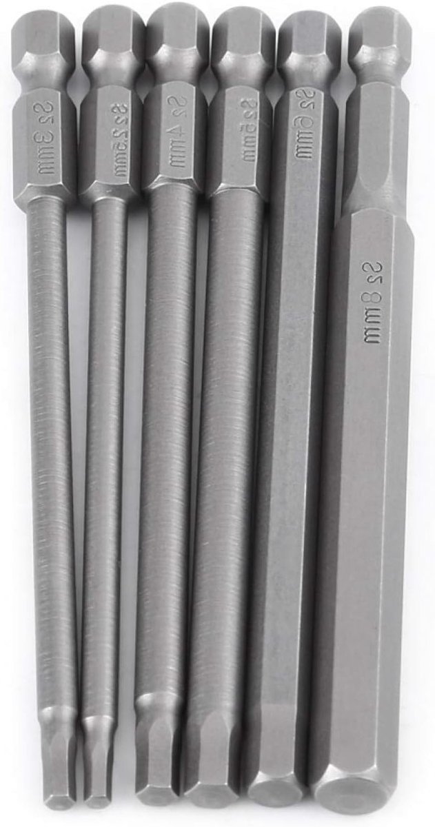 Set van 6 Magnetische Hex Schroevendraaier Bits van 100mm met H2.5, H3, H4, H5, H6 en H8 voor 1/4 Inch Aansluiting