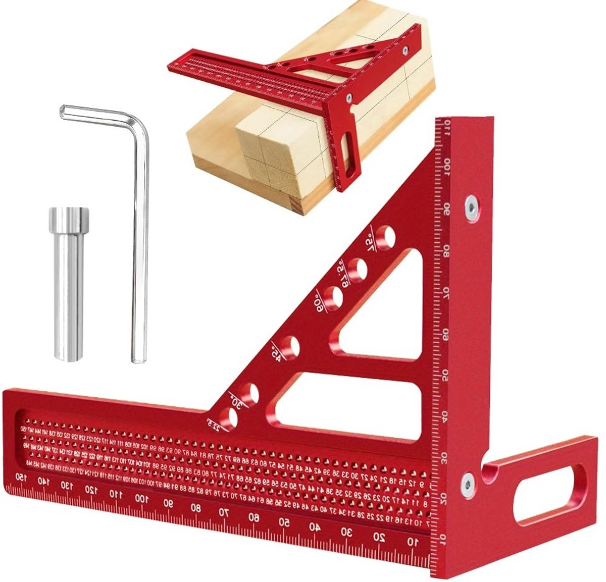 Multifunctionele 3D Hoekmeter van Aluminium, Precisie Meetinstrument voor Houtbewerking, Timmerwerk en Bouwprojecten, Rood