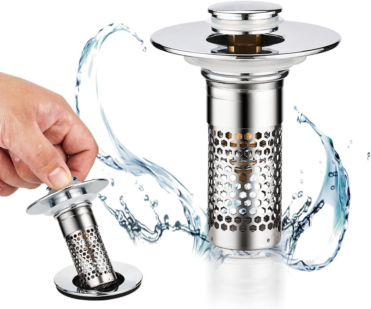 Pop-up Afvoerstop voor Gootsteen 28-37mm - RVS Afvoer Strainer met Haarfilter en Universele Pasvorm