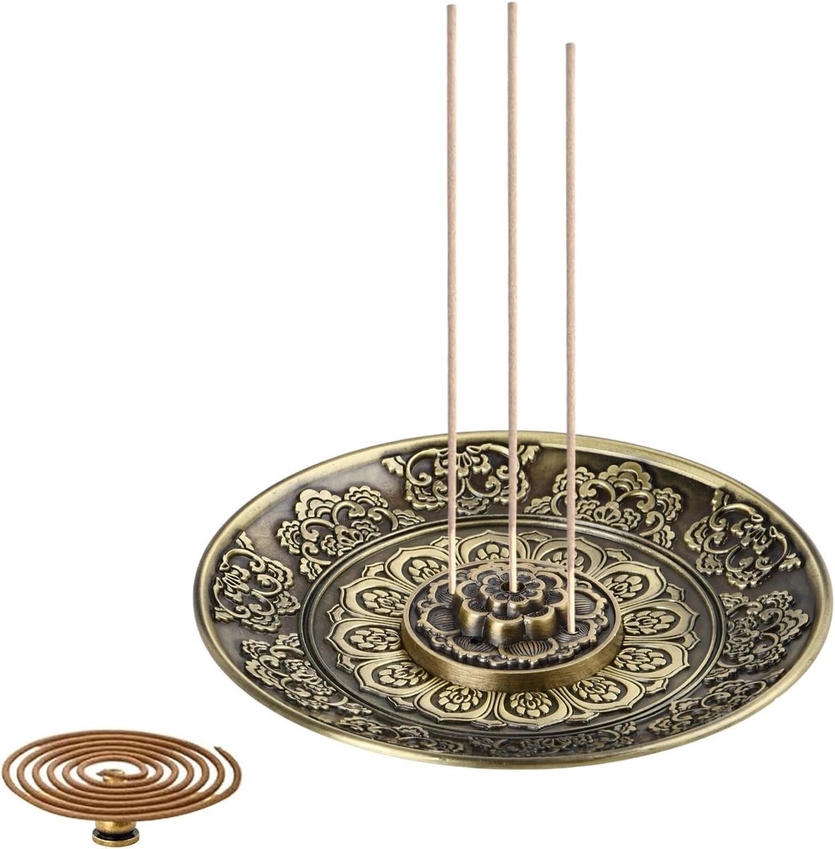 Lotus Brons Branderset met 3 Stuks - Metalen Wierookhouder met 5 Gaten en Asopvang voor Aromatische Wierook
