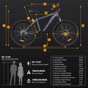 Technische tekening van een blauwgrijze fiets met afmetingen en aanbevolen specificaties.