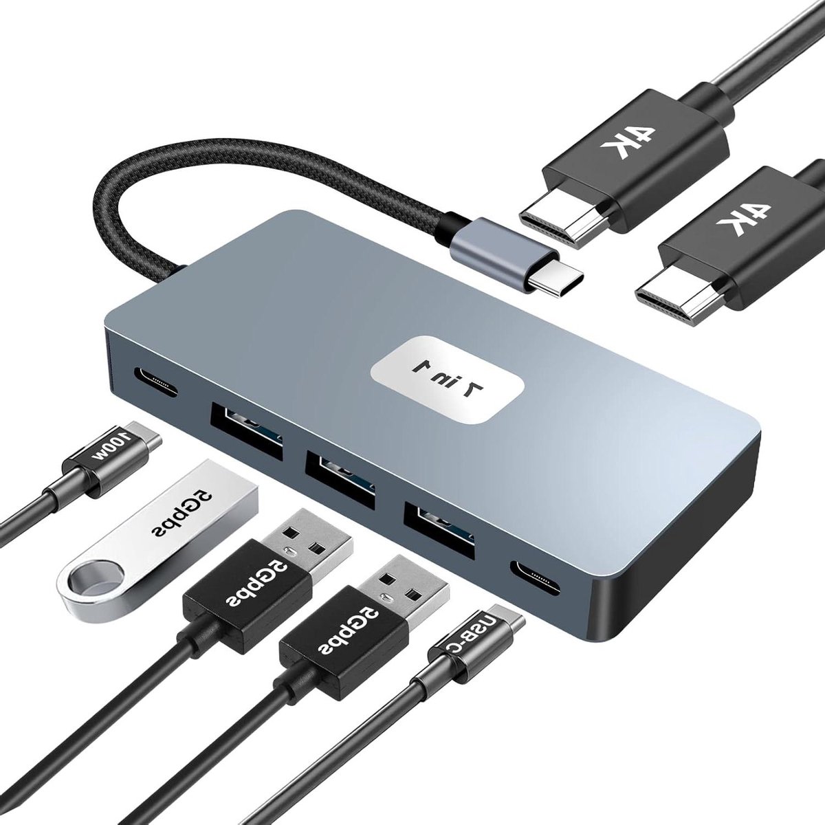USB-C Hub - Docking Station - Productiviteit Verhogen - Dual 4K HDMI - 7 Poorten - Grijs