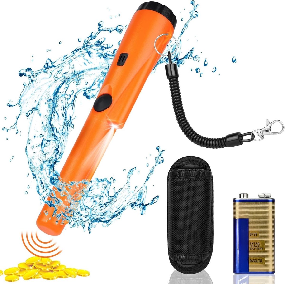 metaaldetector, waterdicht IP66, 360° scan, draagbaar met LED-verlichting en 9V-batterij, geïntegreerd LED-display en alarmlicht, voor schatzoeken, hoge gevoeligheid.