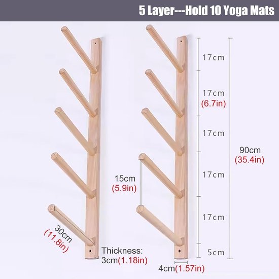 Yoga Mat Rek - Houten Opberger - Fitness Ruimte Organiseren - Wandmontage Ruimtebesparend - 30 cm Stang - Houtkleur — afbeelding 3