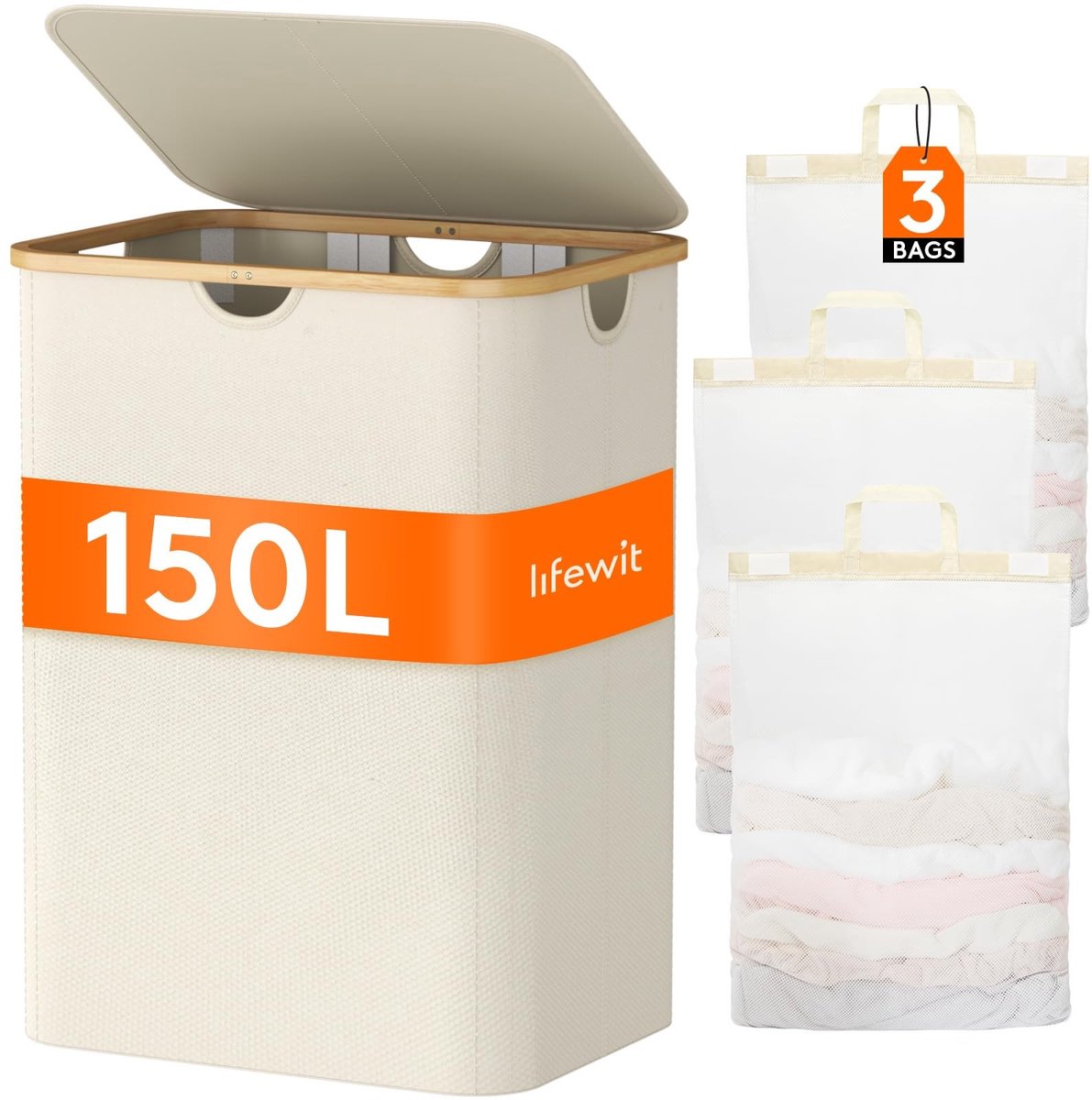 Cosensi - Dailygoods - Dailygoody - Lifewit Wasmand - Grote wasmand met deksel - Beige - Kleding sorteren - 150 liter wasmand voor slaapkamer en badkamer