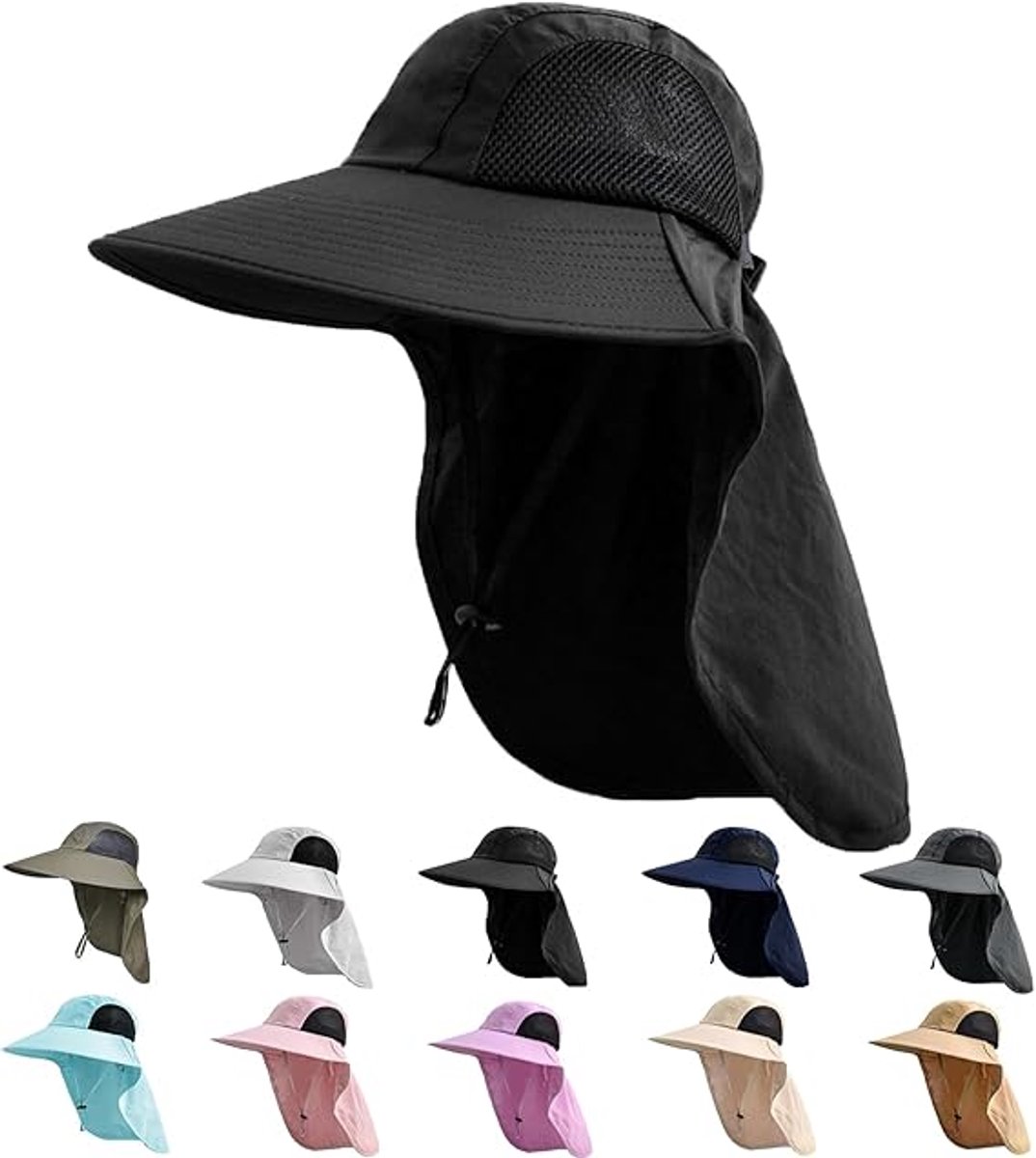 Zonhoed voor Dames & Heren met Nekflap - UPF 50+ UV-bescherming - Breede Rand - voor Wandelen, Vissen - Zwart - 1 Stuk