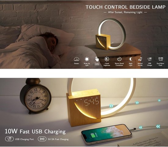 Wekker Zonsopgang - Natuurlijke Alarm - Rustig Ontwaken - Dubbele Alarmen - 10W USB Poort - Houtnerf — afbeelding 3