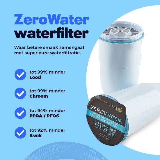 Filtre à eau ZeroWater avec texte "jusqu'à 99% en moins de Plomb, Chrome, PFOA/PFOS, Mercure"