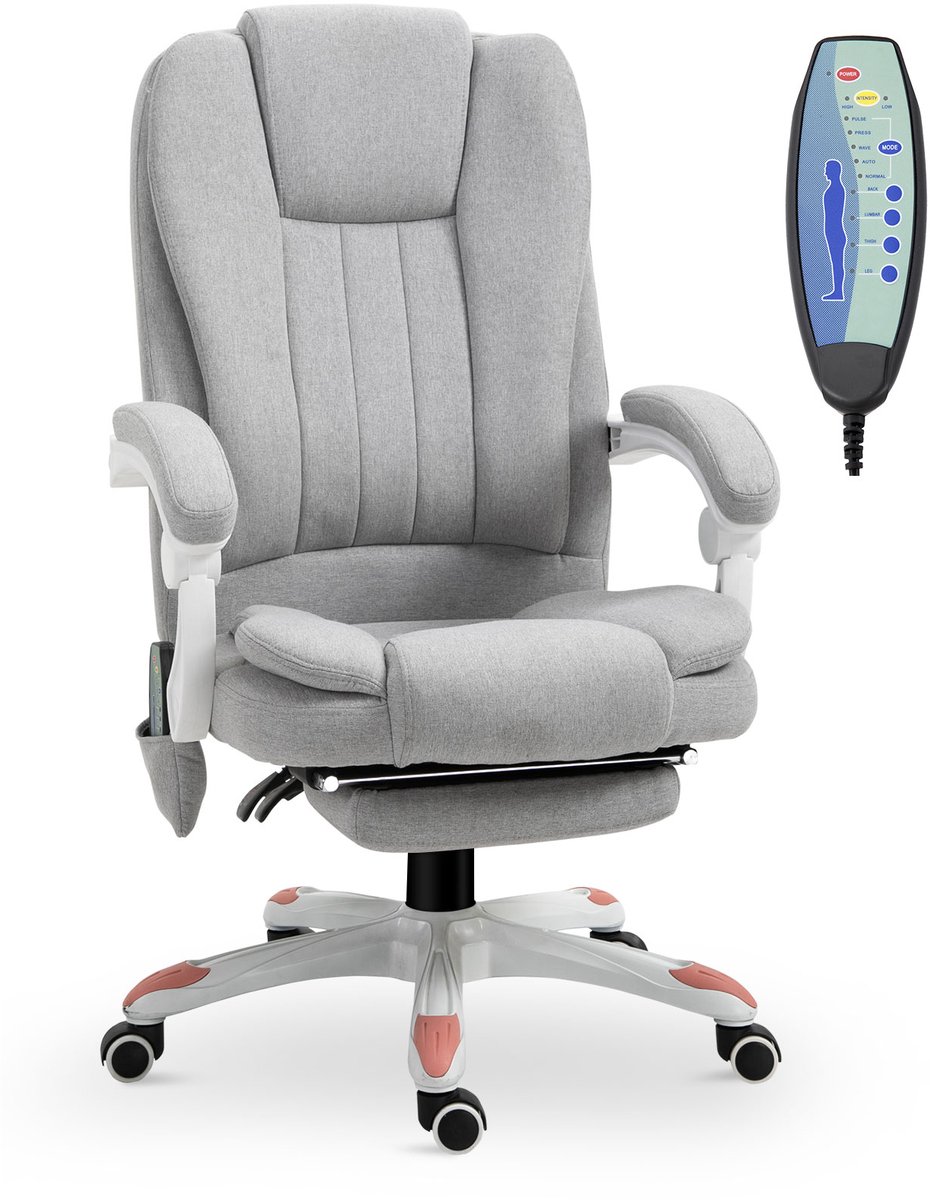 Vinsetto Massage Bureaustoel Polyesterstof, schuim, PU wielen, nylon poten 66B x 63D x 107-115H cm Grijs