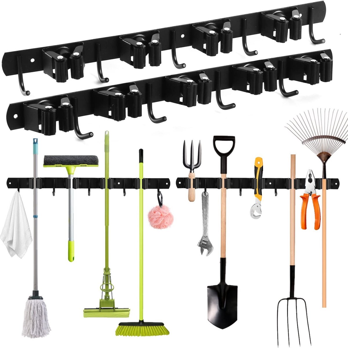 Dailygoods - Innovra - Dailygoods - Dailygoody - Wandbezemhouder - Zelfklevende wandbezemhouder - 9 houders en 9 haken - Zwart - Gereedschapsopslag - Perfect voor garage en wasruimte - R...
