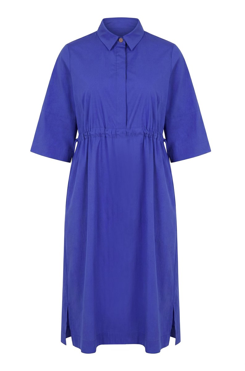 Ulla Popken - Dames - Midi-jurk zilveren details A-lijn overhemdkraag - Blauwviolet - Maat 42+