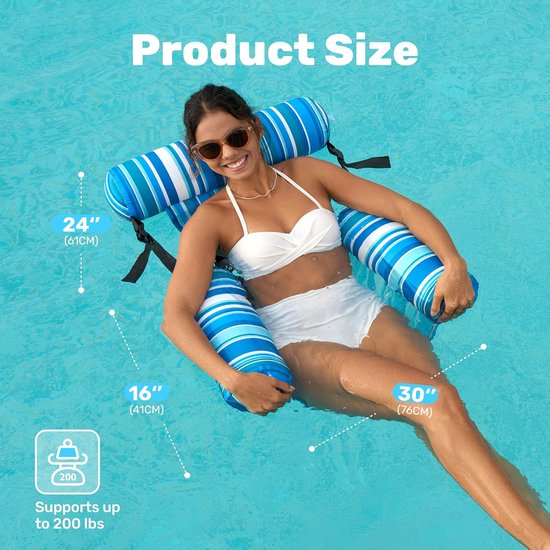 Femme en bikini bleu flottant dans un fauteuil flottant rayé bleu avec des dimensions : 24" (61CM), 16" (41CM), 30" (76CM) et une capacité de 200 lb.