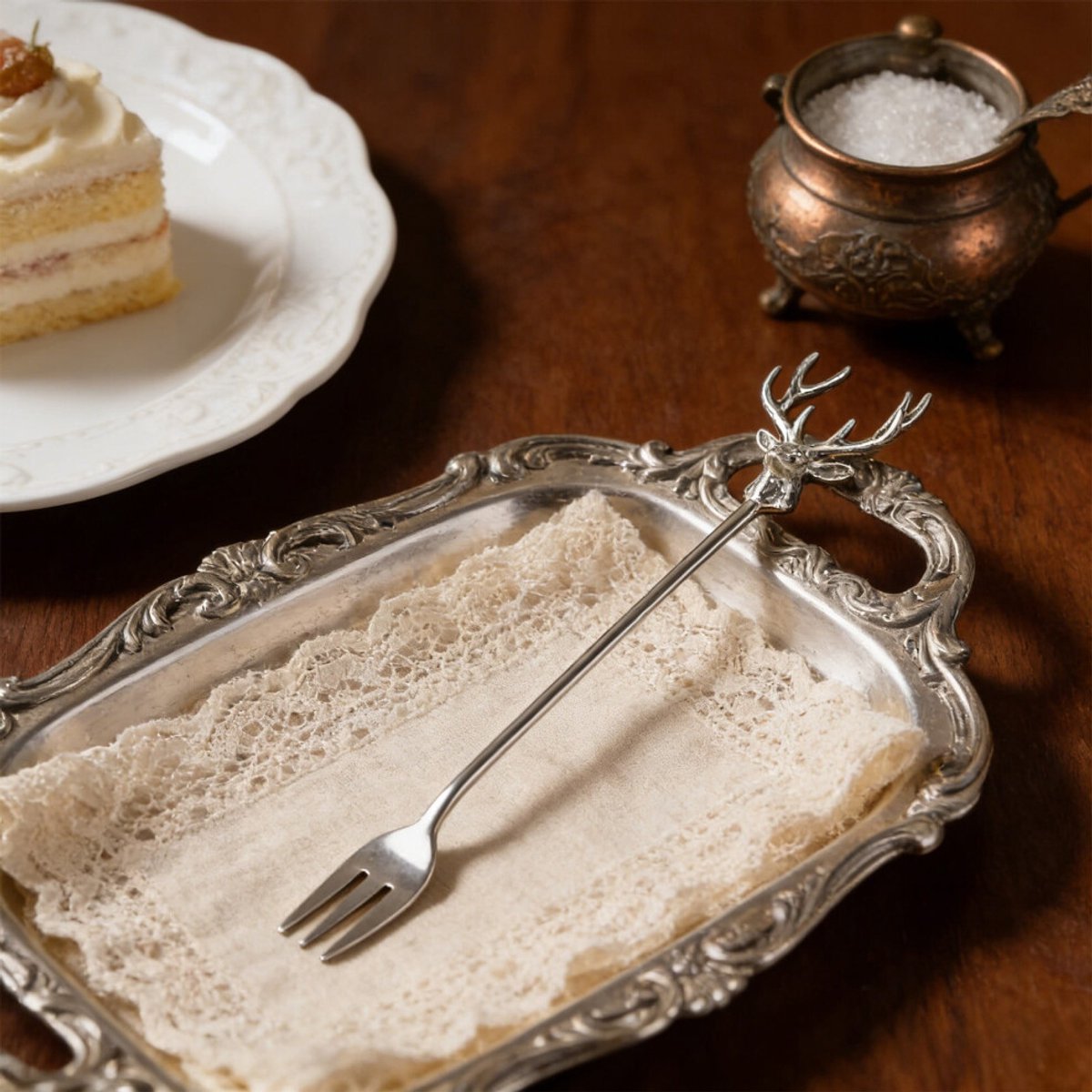 Roestvrijstalen dessertvork met hertenkopmotief, 20,5 cm