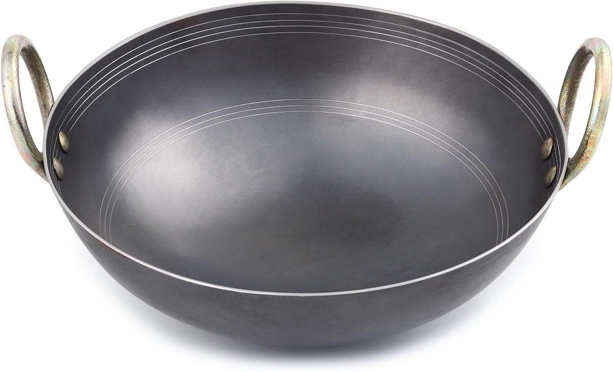 Zware IJzeren Kadai - Wokpan Koekenpan - Frituren en Koken - Gelijkmatige Warmteverdeling - 5 Liter - Zwart