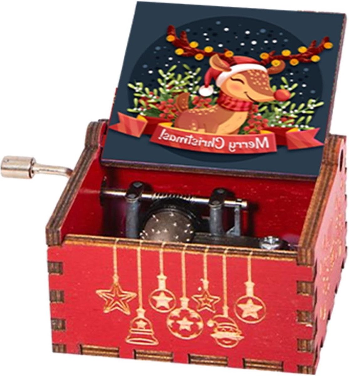Houten Muziekdoos - Zwengel Doos - Feestelijke Decoratie - Kerst Thema - 64 cm - Houtkleur