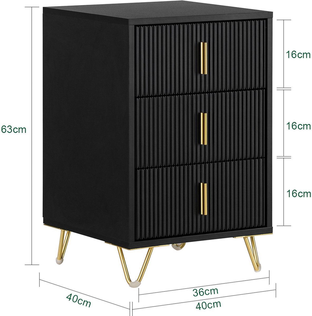 SoBuy Nachtkastje Set van 2 - Nachtkastjes Zwart met 3 Lades en Gouden Poten - Geribbelde Ladevoorkanten en Gouden Handgrepen - Modern Design voor Slaapkamer | FBT115-L-SCHx2